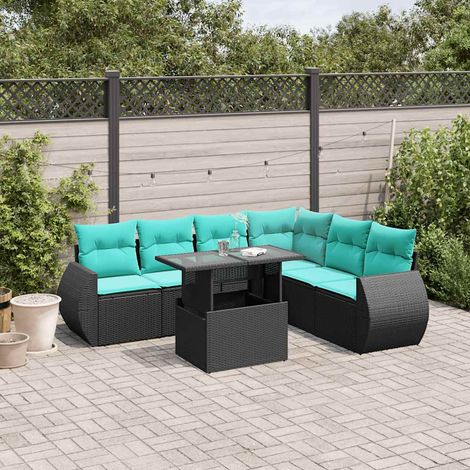 7-teiliges Gartensofa-Set mit Kissen, schwarzes Polyrattan (1/5)