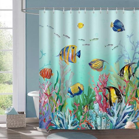Rideau de douche Océan Bleu Corail Poissons 180 x 180 cm pour enfants - Tissu polyester imperméable et anti-moisissure - Salle de bain (1/4)
