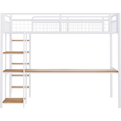 Metall-Hochbett 140 x 200 cm weiß mit Treppe, Schreibtisch und Regalen (1/5)