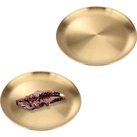 Un ensemble de 2 plateaux décoratifs en acier inoxydable, assiettes rondes en acier inoxydable (20 cm, doré).