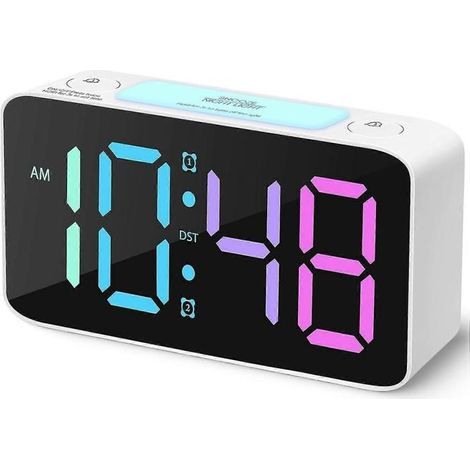 Leistungsstarker Wecker für Tiefschläfer, Digitaluhr mit 7-farbigem Nachtlicht, einstellbarer Lautstärke, USB-Ladeanschluss, weiß (1/5)