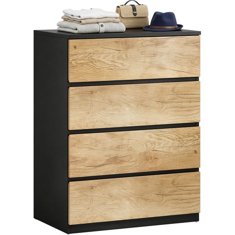 Commode en bois à 4 tiroirs avec glissières métalliques et poignées rainurées, 60 x 40 x 80 cm, noir et chêne (1/5)