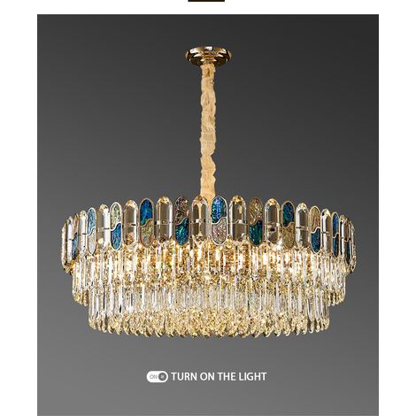 Exklusive runde Deckenleuchte Gold 95 cm Kristall Pendellampe mit Muschel Design und E14 Fassung hoehenverstellbar grosse Luxus Beleuchtung fuer Wohnzimmer