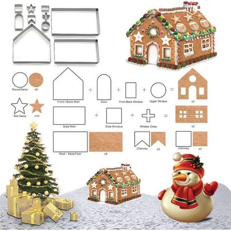 Emporte pièce de Noël 3D, Moule de Coupe Biscuit en Acier Inoxydable 10 Pièces, Maison de Pain D'épice de Noël pour Bricolage Cuisson ect (1/5)