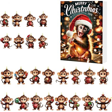 Calendrier de l'Avent de Noël, boîte surprise, pendentif singe dessin animé en acrylique, décoration pour sapin de Noël, coffret cadeau E (1/2)