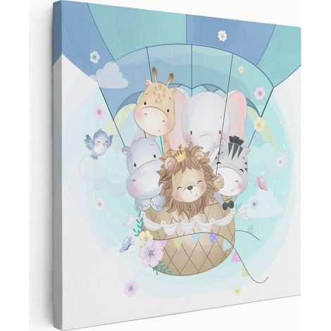 Tableau toile Enfants Carré - Animaux Montgolfière - 80x80 cm (1/2)