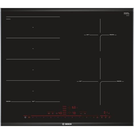 Placa de inducción empotrada Bosch PXE675DC1E de 4 quemadores en acero inoxidable negro