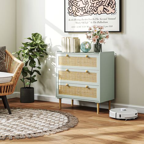 Cassettiera in rattan in stile bohémien con 3 cassetti, mobile contenitore per soggiorno, corridoio, ingresso, verde oliva