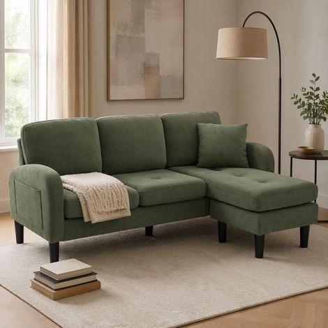 Sofá esquinero modular (166x118x77 cm), con chaiselongue reversible, acolchado de espuma, tejido de pana, verde (1/5)