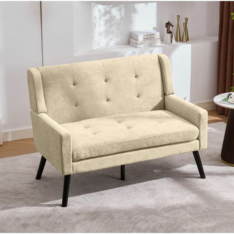 Divano 2 posti in lino beige con cuscini in schiuma ad alta densità e gambe in legno HAVRYA (1/5)