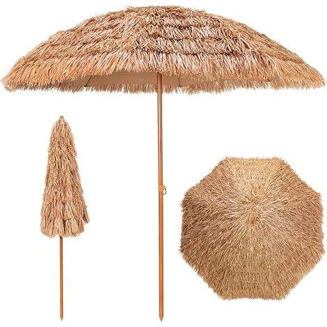COSTWAY Ombrellone da Spiaggia 243 cm, Ombrello Tiki di Paglia con 8 Stecche in Metallo, Cima in Paglia a 7 Livelli, per Spiaggia, Cortile, Piscina, Giardino, Hotel (1/5)