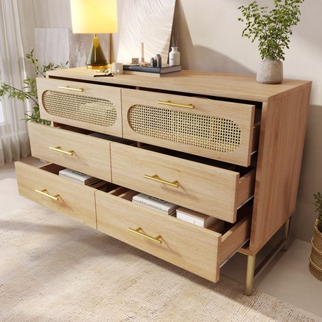 Sideboard en panneaux de particules et métal coloris chêne Sonoma, 120x40x74 cm, 6 tiroirs, aspect rotin, pieds réglables (1/5)