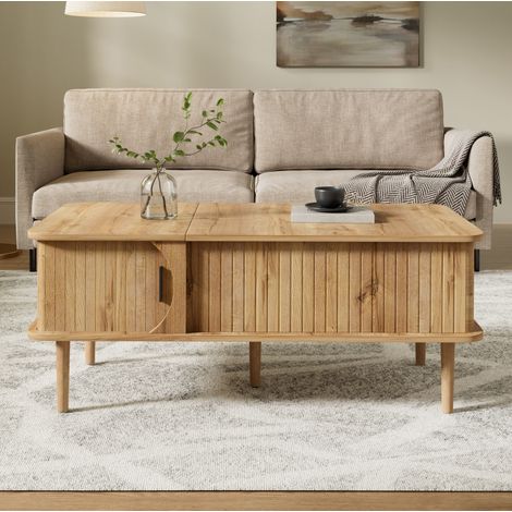 Tavolino sollevabile 100x48x55,5 cm, stile retrò moderno, contenitore scorrevole, MDF e legno naturale (1/5)