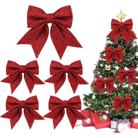 Lot de 5 grands nœuds de Noël à paillettes pour couronnes, guirlandes et décorations d'arbres de Noël, rouges (1/5)