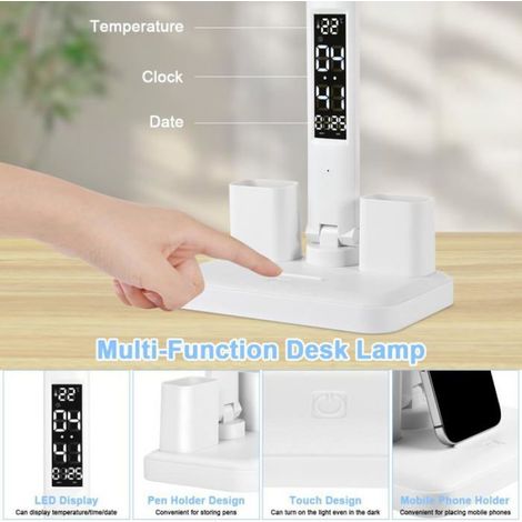 Lampe bureau LED double tête - 1pc, horloge température 3 luminosités protection yeux Cuneary (1/5)
