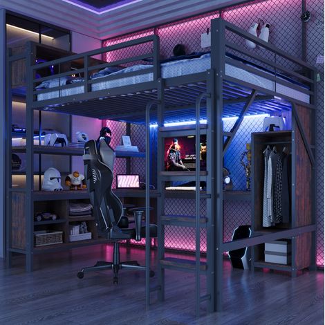 Lit mezzanine 140x200 cm noir en métal avec bureau, armoire et éclairage LED (1/5)