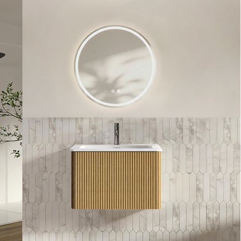 Set mobile bagno sospeso 61 cm con lavabo integrato e specchio LED rotondo 60 cm OKWISH (1/5)