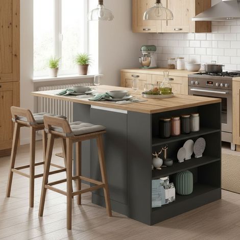 Dmora - Isla de cocina Osvaldo, mesa auxiliar de almacenaje, mueble de cocina con 2 puertas, 100% Made in Italy, 160x90h90 cm, Antracita y Roble (1/5)