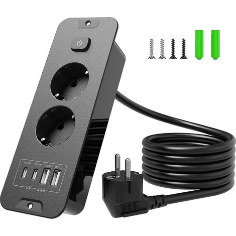 1 Multiprise Encastrable, 2 Prises, Interrupteur, Ports USB, Câble 2m, Cuisine, Bureau (1/5)