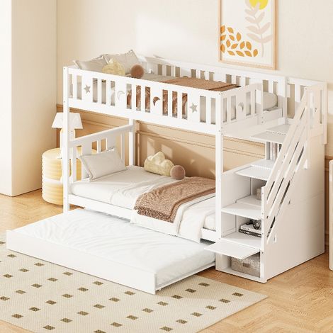 Kinder-Etagenbett 90x200 cm mit Ausziehbett 90x190 cm, Massivholz Hochbett mit Stauraum-Treppe, Lattenrost und Rausfallschutz, Weiß (1/5)