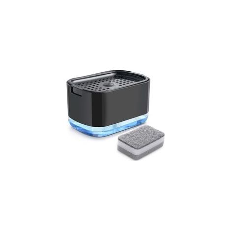Distributeur de liquide vaisselle (noir), (éponge non incluse), distributeur de savon 2 en 1, distributeur de savon à pompe avec porte éponge, distributeur de détergent rechargeable