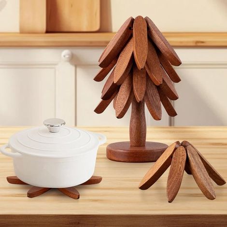 Set de 2 dessous de plat en bois pliables en forme d'arbre, supports résistants à la chaleur pour casseroles et plats chauds, décoration de table effet noyer et cadeau (1/5)