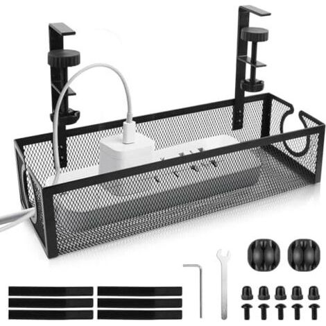 Plateau de Gestion des Câbles Sous le Bureau, Rangement Cable Bureau Panier de Câbles de Table en Maille Sans Perçage Rangement Cable Bureau pour La Gestion des Câbles et des Multiprises Noir (1/5)