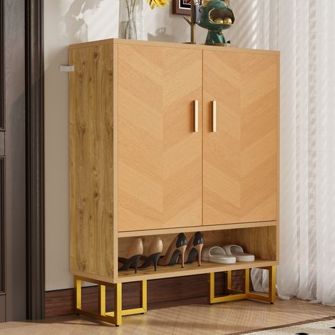 REDOM Meuble à chaussures 80x38x100 cm, rangement fermé et compartiment ouvert, fermeture douce, MDF, naturel (1/5)