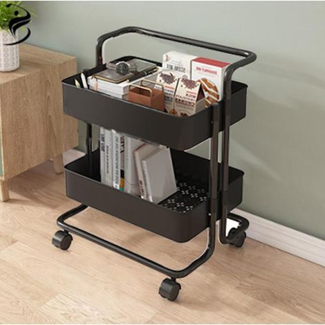Chariot de cuisine à 2 niveaux, à roulettes, pour bureau, cuisine, salle de bain, salon, noir (1/5)