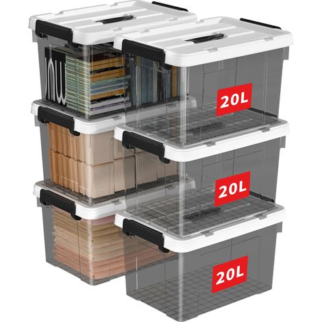 20L6 Boîte de Rangement, Bac de rangement avec Poignée, Plastique Organisateur avec Couvercle, Empilable, Transportable, pour Vêtements, Bureau, Dortoirs, Transparent Noir, 20L - Lot de 6 (1/5)