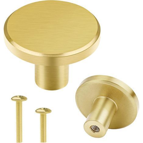 Pomos de puerta para muebles de latón macizo 28 x 20 mm – Pomos de cajón dorados – Pomos redondos para armarios con tornillos para armarios de cocina, cómodas y vestidores (1/5)