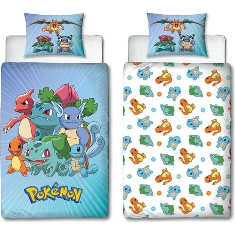 Completo letto reversibile - POKEMON - Pikachu e Starter - Blu - Microfibra - 1 copripiumino 140 x 200 cm + 1 federa 63 x 63 cm (1/5)