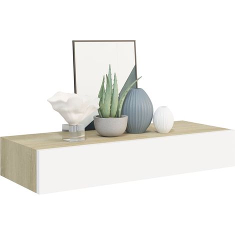 Étagère à tiroir murale Chêne et blanc 60x23,5x10 MDF (1/5)