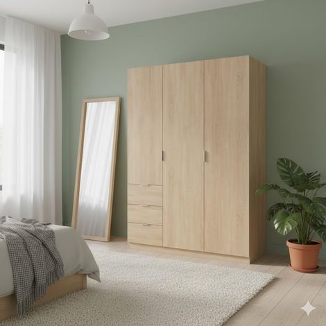 Armadio Guardaroba Vestiti 3 Ante Battenti 4 Ripiani E 3 Cassetti Con Barra Appendiabiti Salvaspazio Per Camera Da Letto Stanza Matrimoniale Design Moderno 200 x 52 x 135 Cm Colore Rovere Canadese - C