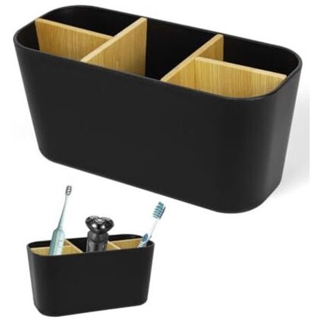 Porte-brosse à dents avec séparateurs en bambou, 5 compartnts, organisateur de salle de bain pour brosse à dents électrique, porte-brosse à dents (noir) (1/5)
