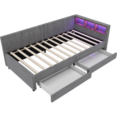 Tagesbett 90 x 200 cm grau aus Leinen und MDF mit Schubladen, Stauraum, LED und USB-C (1/5)