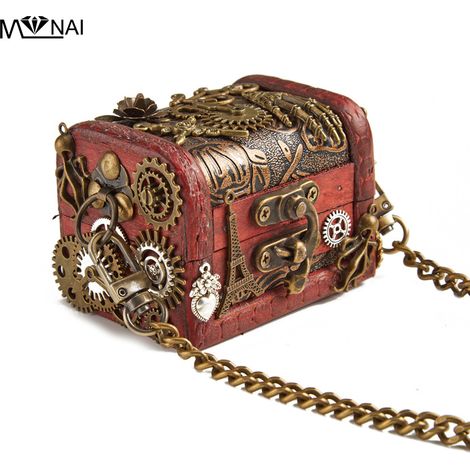 Gothic Retro Mini Kreative Personalisierte Tasche Steampunk Holzschatzkiste mit Metallkette Umhängetasche Trendige Mini-Tasche (1/5)