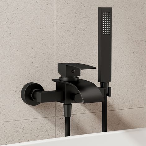 EVERSTEIN Badewannenarmatur Wannenarmatur Aufputz mit Wasserfallauslauf 200 mm Handbrause 1500 mm Schlauch Einhebelmischer Keramikkartusche 150 mm Stichmaß G3/8 G1/2 Schwarz Matt (1/5)