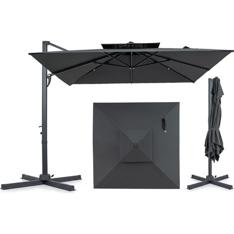 Parasol Déporté 3x3 m, 210 g/m², Toit à Double avec Pied, Parasol de Jardin Extérieur avec Rotation 360° à Pédale, Manivelle, Base en Croix, Beige (1/5)