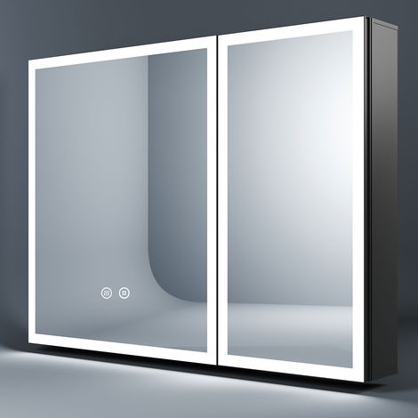 Spiegelschrank Bad mit Beleuchtung 80x60cm, LED Spiegelschrank Bad-Hängeschränke Badezimmer Spiegelschrank mit Touch-Schalter, 3 Einstellbare Lichtfarben, Beschlagfrei (1/5)