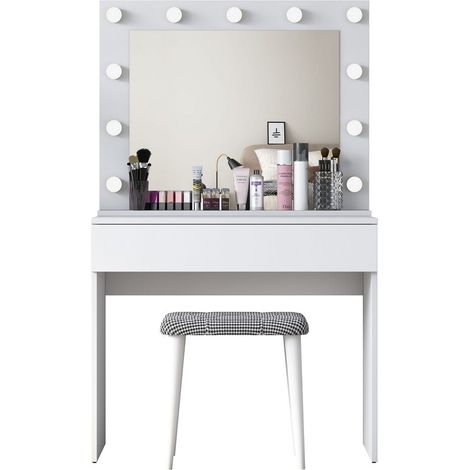 Tocador móvil con cajón, espejo LED y taburete Tabs