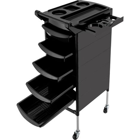 Professioneller Salonwagen, schwarzer Salonwagen mit Griff und Rollen, 5 Schubladen und 2 seitlichen Ablagen mit Halterung für Föhn, rollbarer Salonwagen, für Friseure, Kosmetiker, Tätowierer (1/5)