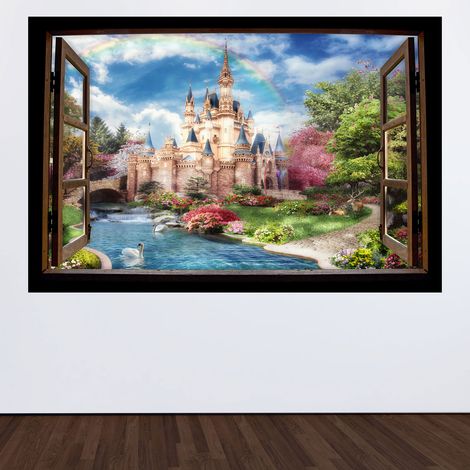 Stickers Trompe l'oeil fenêtre en bois Enfants - Château - 60 x 90 cm (1/3)