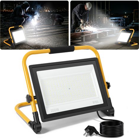 Jiubiaz Foco LED de obra 200W blanco frío 6500K IP66 lámpara de trabajo con soporte y cable 3m para jardín balcón exterior (1/5)