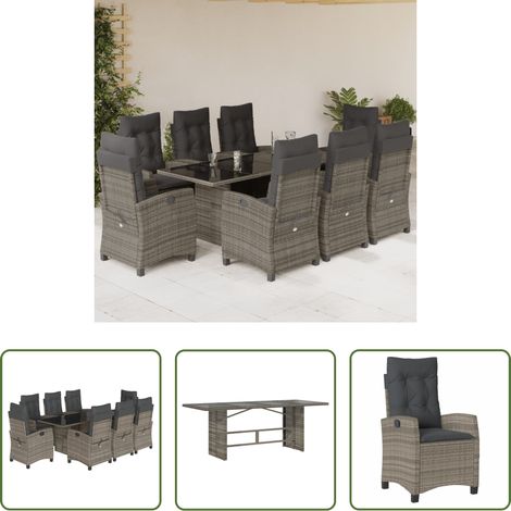 Gartentisch - 9-tlg. Garten-Essgruppe mit Kissen Grau Poly Rattan (1/5)