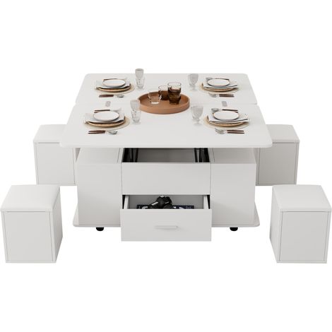 Table basse Blanc, plateau relevable, roulettes, 100 x 50 x 45 cm, particle board, moderne, pratique, avec rangement, pour salon (1/5)