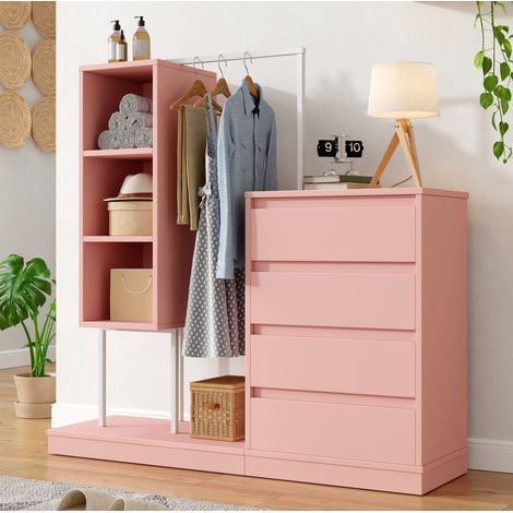 Armoire de rangement 140x40x135 cm rose et blanc en panneau de particules avec tiroirs, étagères et penderie (1/5)