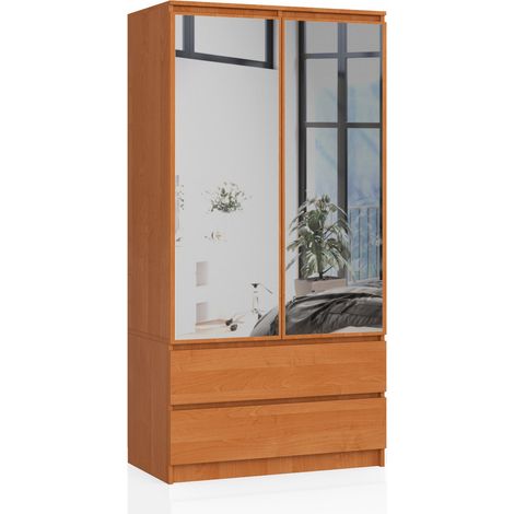 Akord – Armoire avec miroir 90 cm – 2 portes, 2 tiroirs – 4 étagères – Panneau stratifié Aulne – Dimensions 90x51x180 cm (1/5)