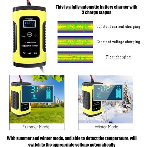 Dispositif de recharge de batterie de voiture entièrement automatique 12V6A, chargeurs de puissance intelligents, réparation d'impulsions, chargeurs de batterie au plomb avec affichage numérique LCD. (1/5)