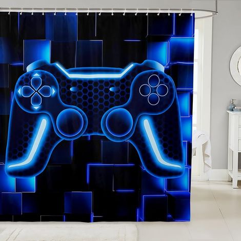 Console de Jeux pour Enfants Rideau de Bain 180x180cm Noir Vert Jeux Rideau de Douche Adolescents Salle de Bains Décoration Jeux Ombre Rideau Douche Néon Géométrique Grille Carrée Rideau de Baignoire (1/5)